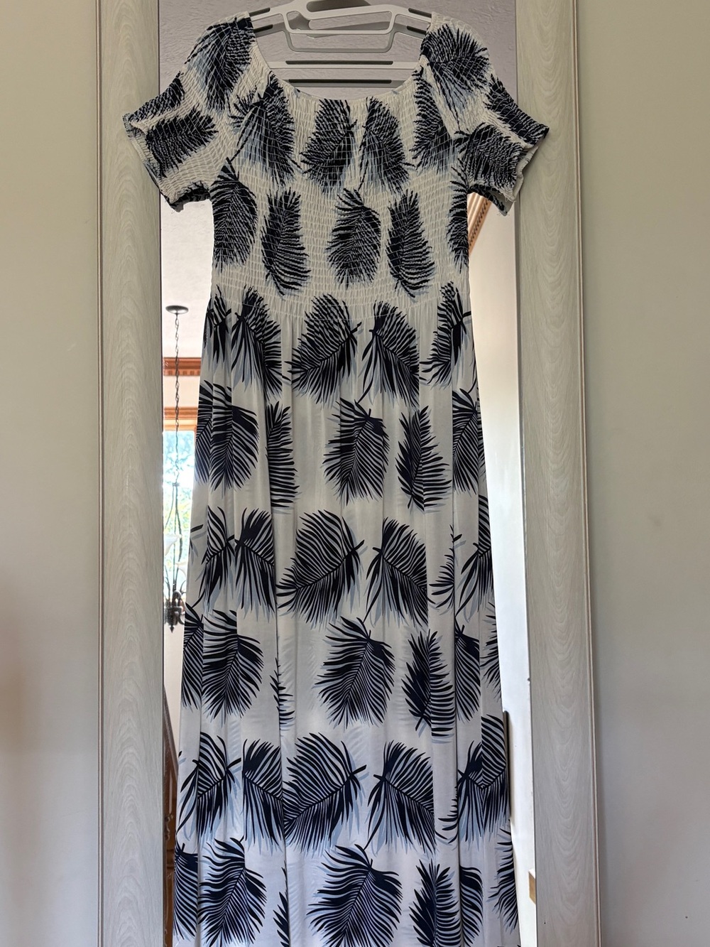 Women's White Maxi Dress with Navy Palm Print